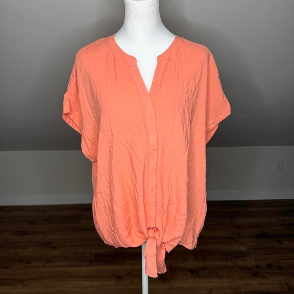 Chico's Coral Linen Blend Tie Front Blouse Size 2 Large Coastal Summer Top